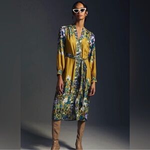 Anthropologie Yellow Wrap Sundress with Bishop Sleeves M